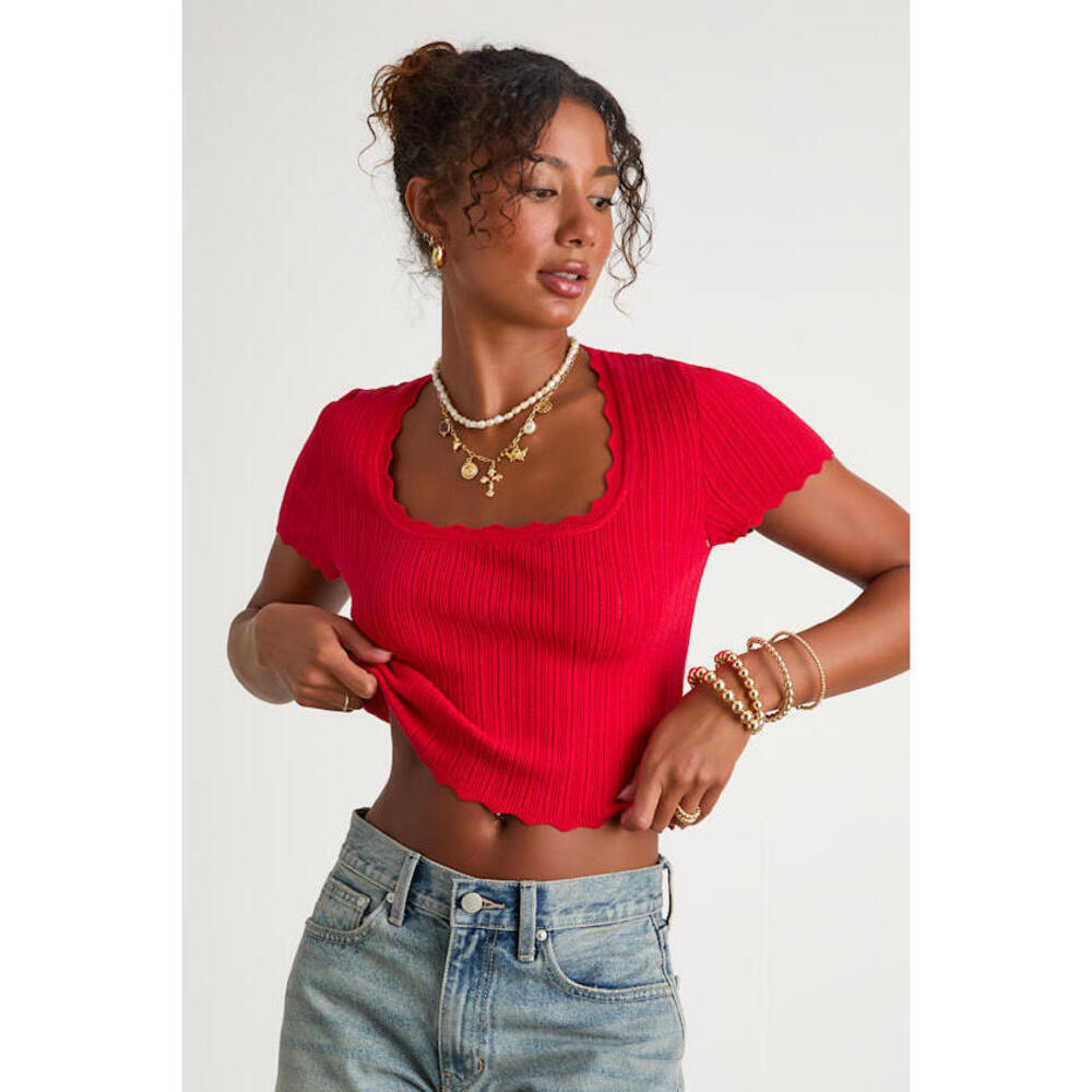 Lulus Shannah Bright Red Pointelle Knit Short Sleeve Top - Size XS